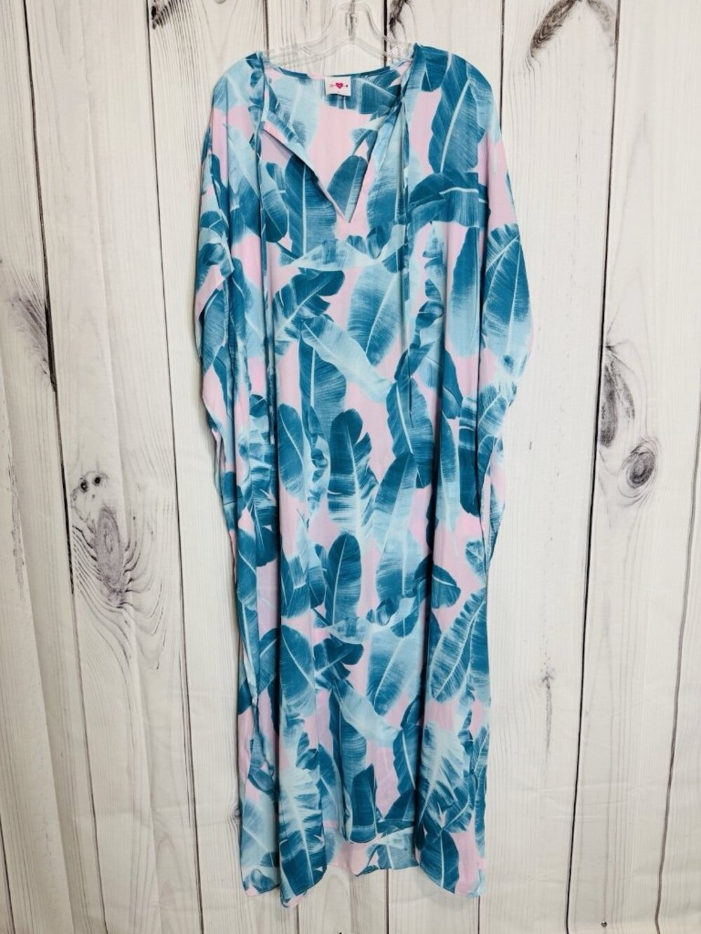 Buddy Love Maxi Caftan Dress Womens M/L Blue Pink Palm Leaves Boho Resort